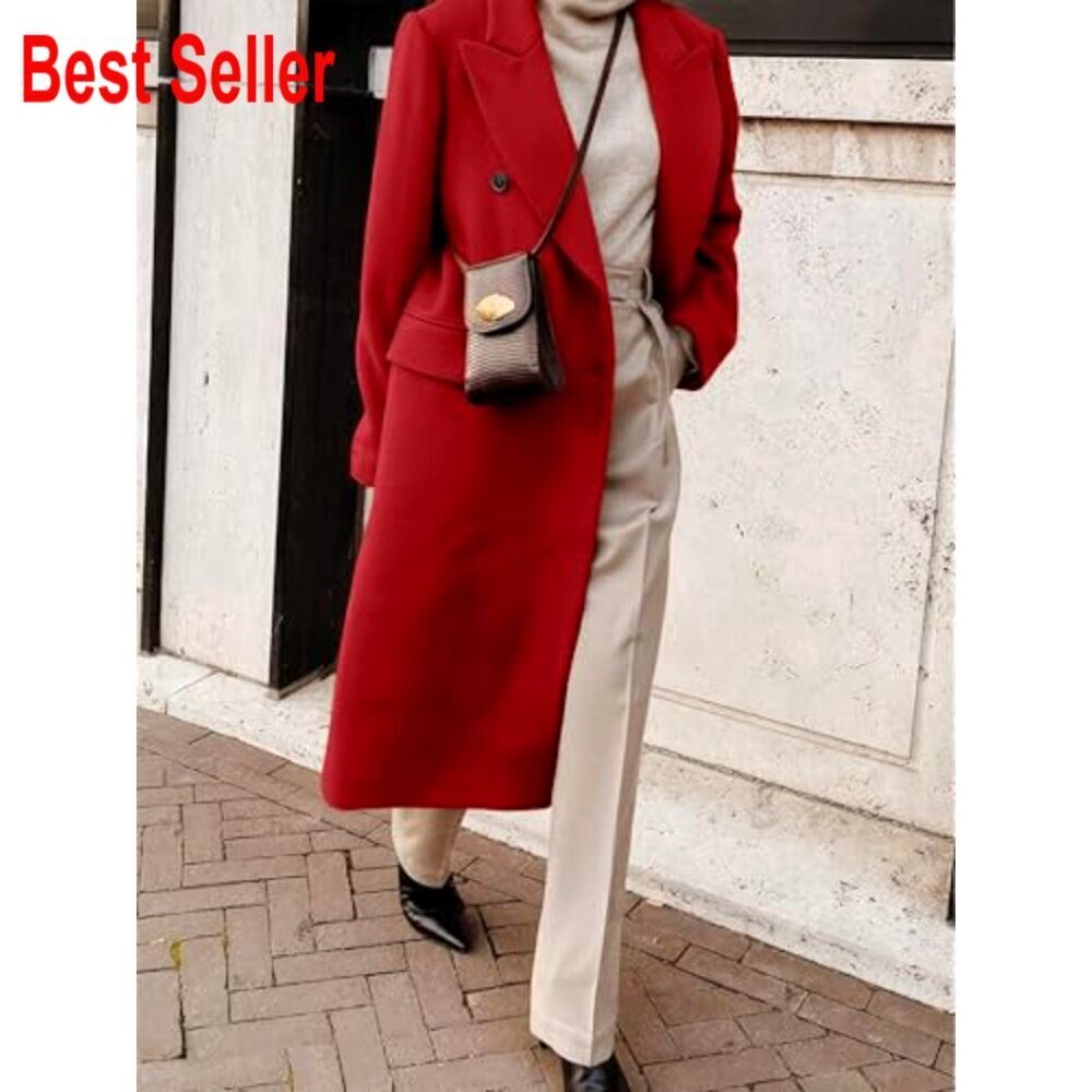 Long Wool Trench Coat Double Breasted Peacoat Classic Elegant Fall Winter - Picture 3 of 4